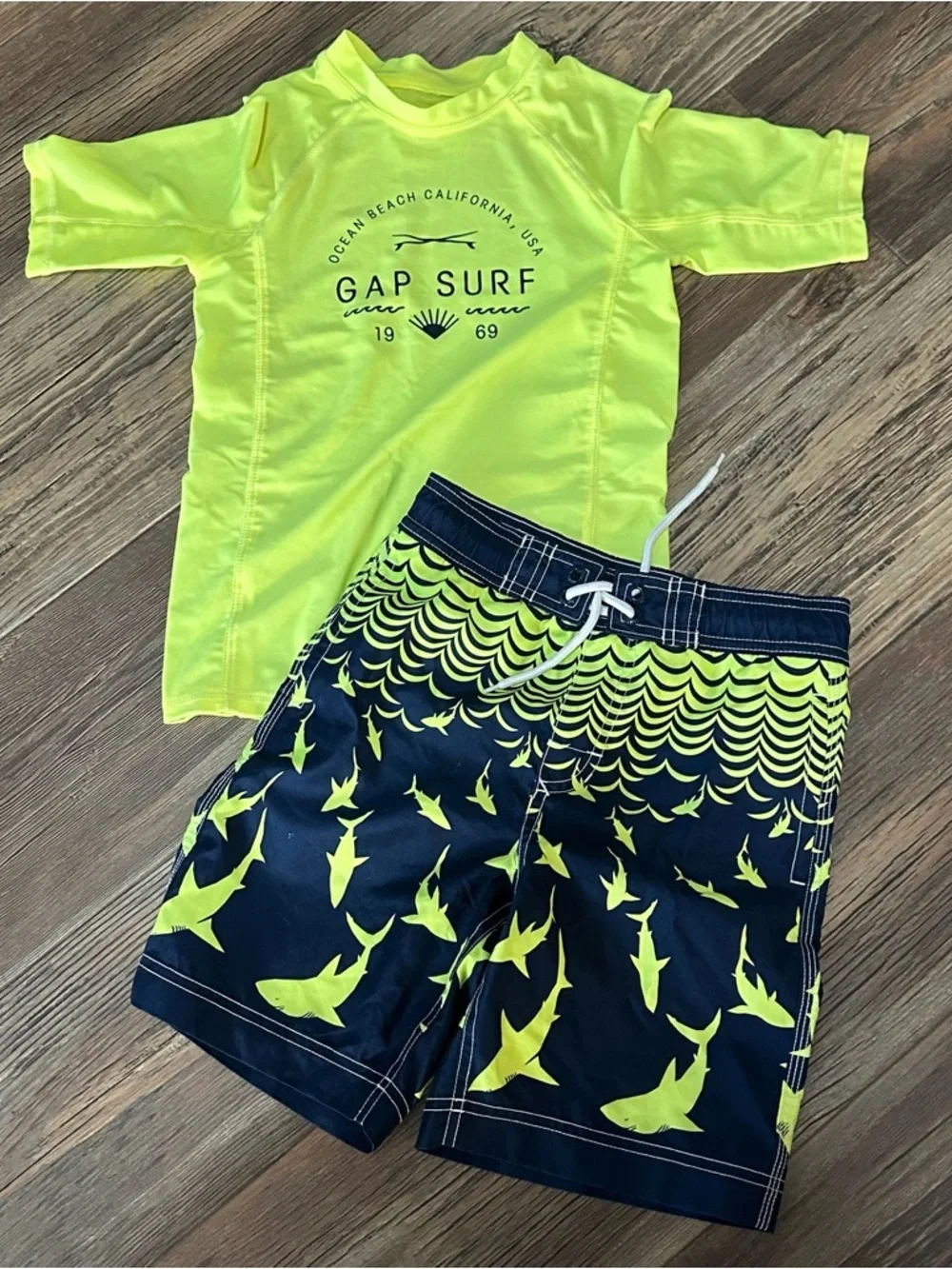 GAP kids neon rashguard shirt and shark swim trunks boys S 6/7 swimsuit shorts